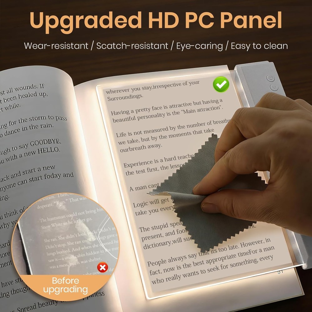Smart Flat Book Light, Rechargeable Clear LED Reading Lamp with 3 Colors & Timer