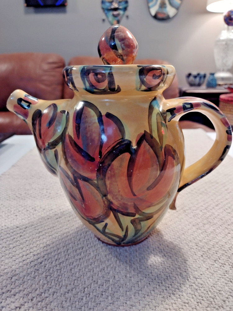 STUDIO POTTERY TEAPOT Signed 7 1/2" tall Multi Colored