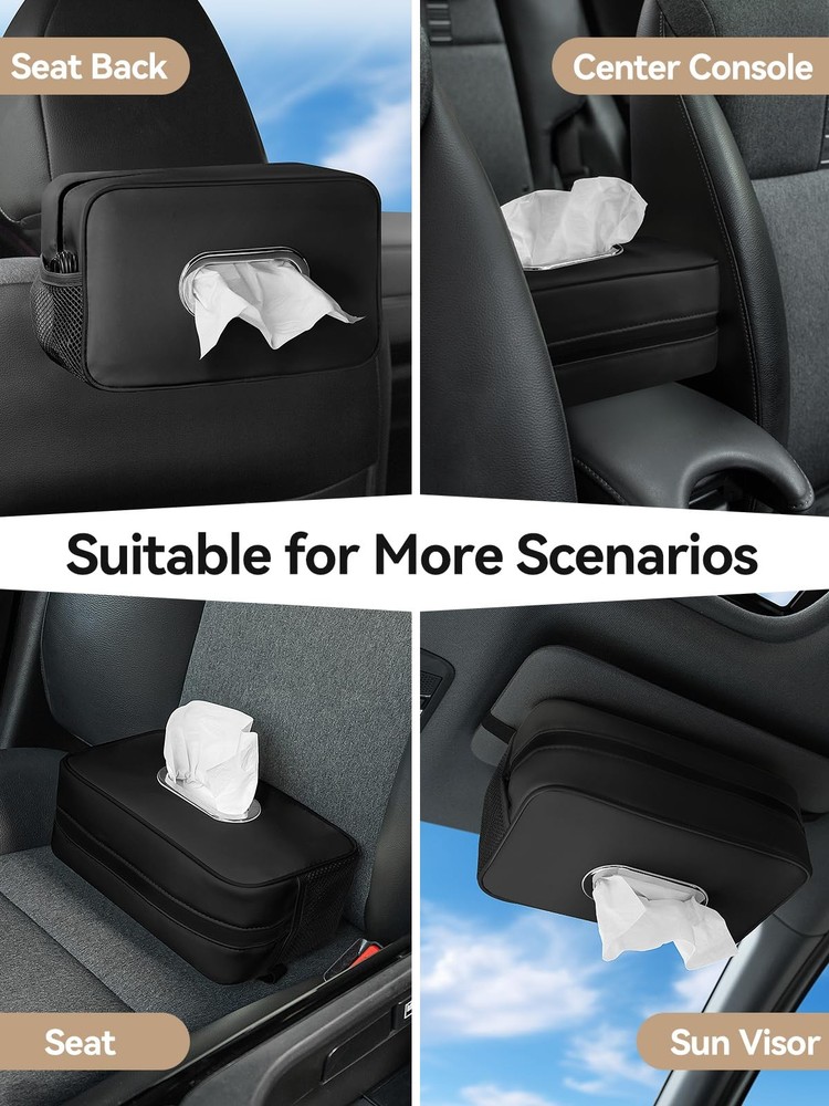 Multi-Functional Car Tissue Holder with ‌2 Storage Nets, Upgraded PU Black