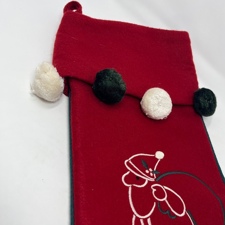 Vintage Red Christmas Stocking Santa Applique Felt Pom Pom Trim Holiday Decor