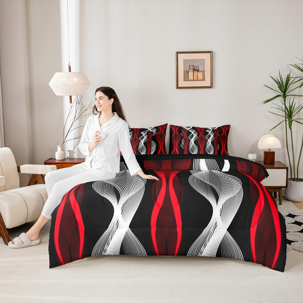 7 Pieces Geometric Comforter Sets Queen Size,Red Silver Bedding Set Striped Wave