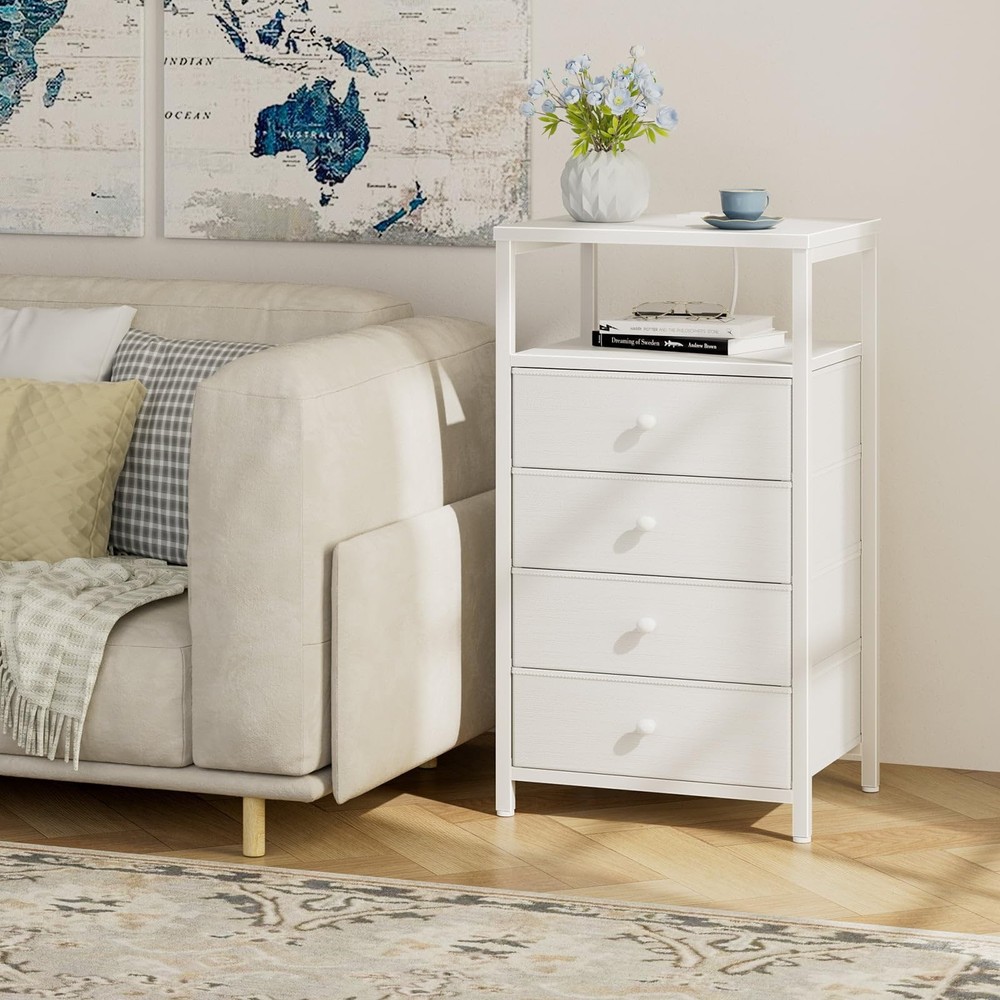 Small 4-Drawer White Nightstand with Charging Station LED Light