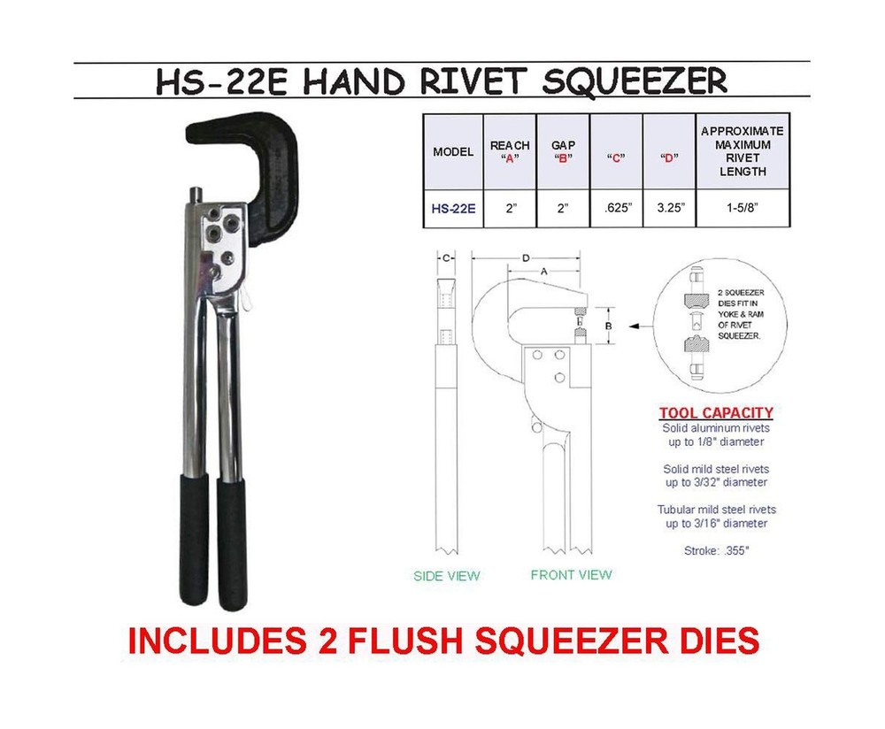 Hand Rivet Squeezer for Solid & Tubular Rivets, with A 2" Reach, & 2" Gap. Wi...