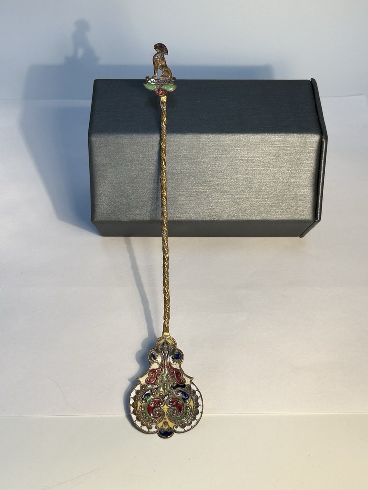 Antique Brass Champlevé Enamel Figural Sphinx Spoon Twisted Handle 19th