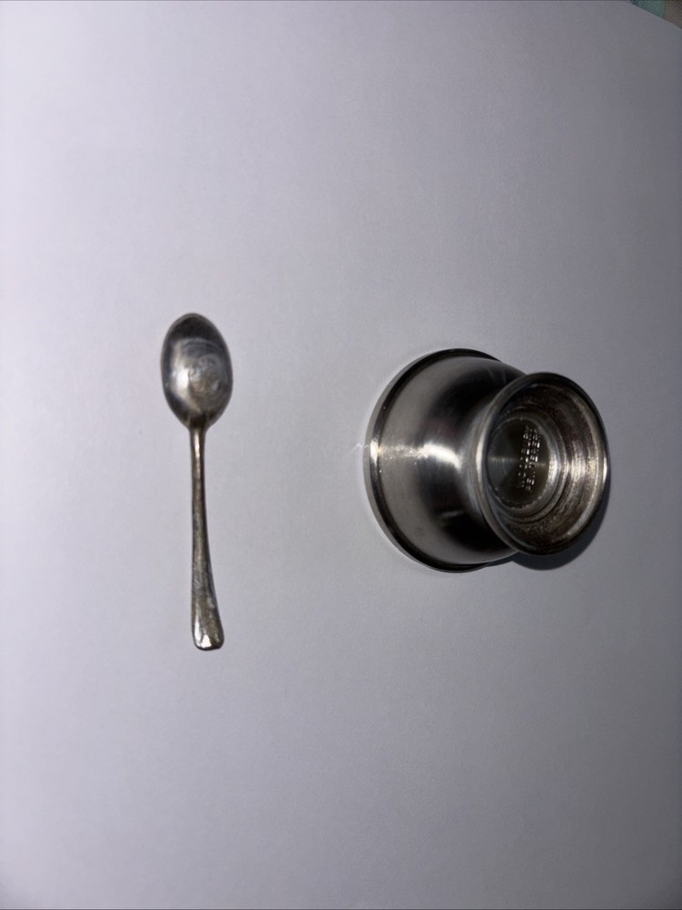 Vintage Open Salt Cellar & Tiny Spoon Woodbury Pewter