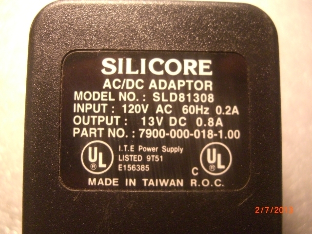 Silicore SLD81308 13V DC .8A Ac Adapter