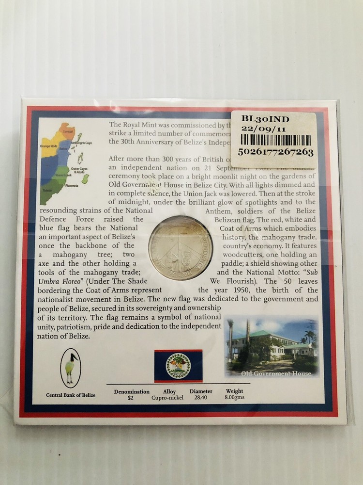 Belize 2 Dollars 2011 UNC Independence Commemorative Coin in Folder Rare
