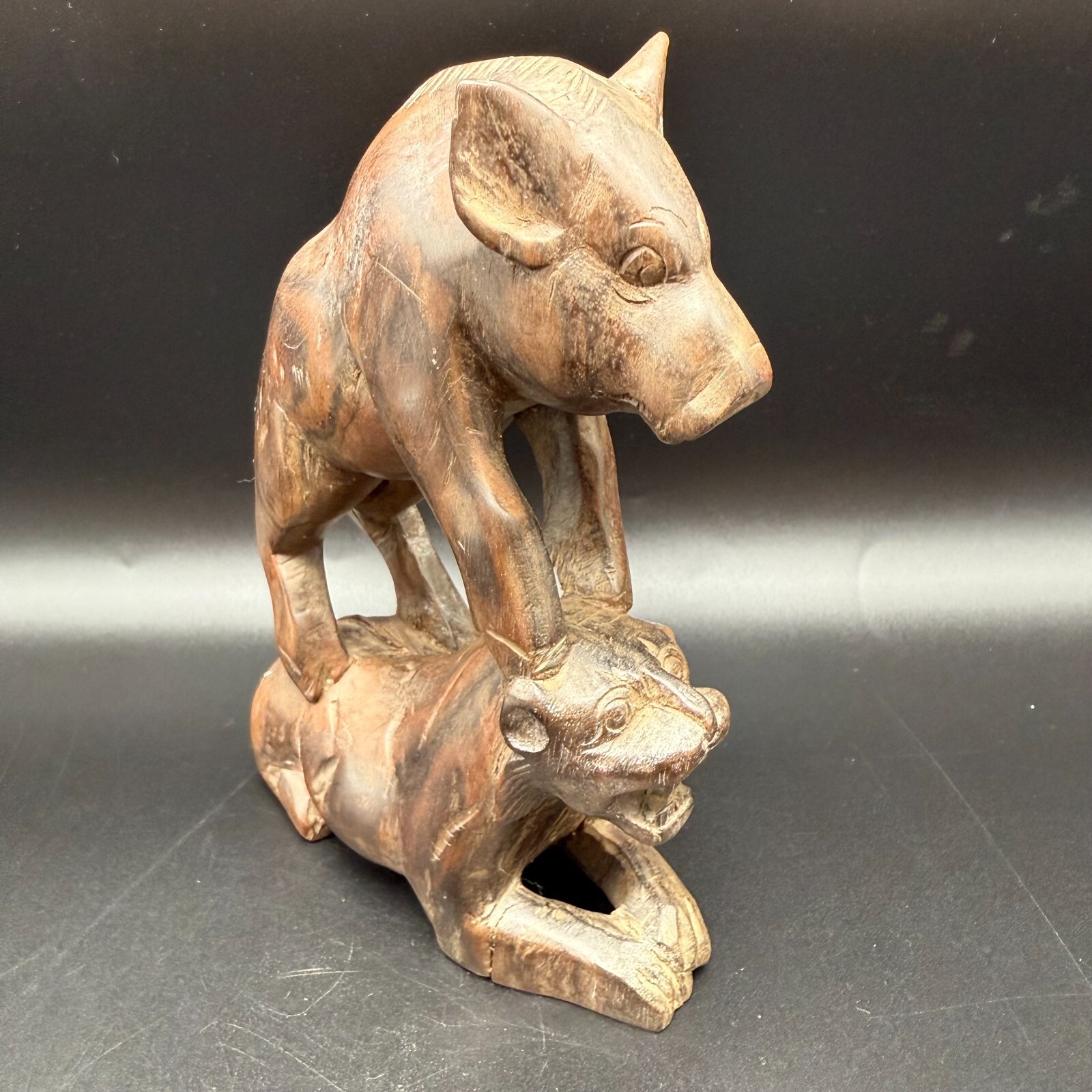 Vintage Hand-Carved Wood Animal Sculpture – Wild Boar Standing Over Lion – Triba