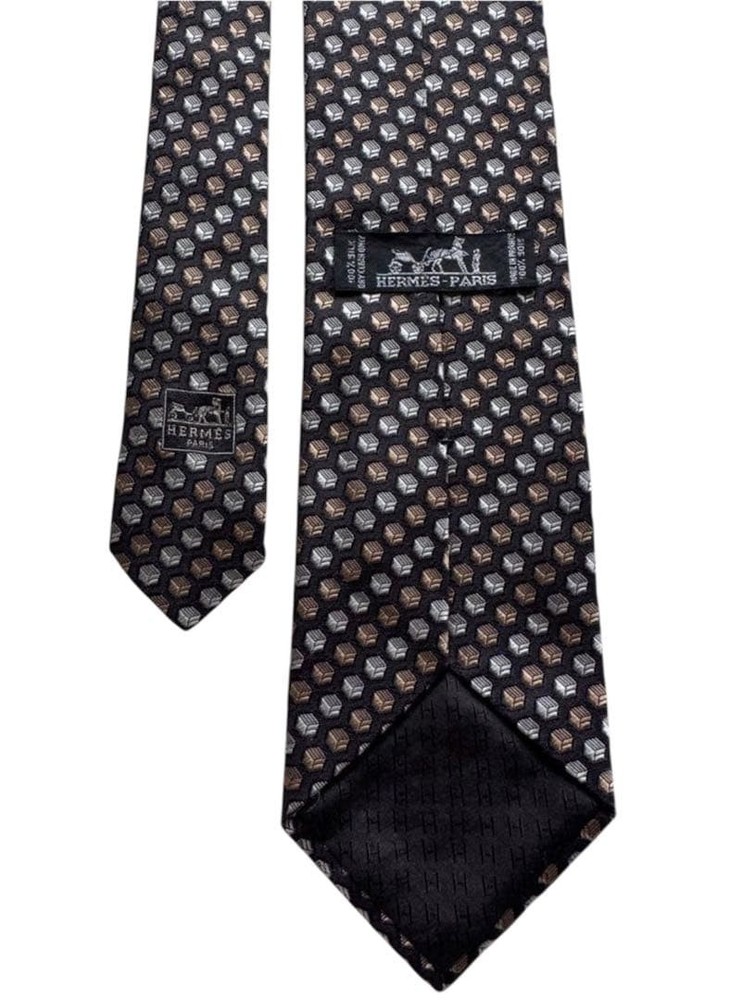 HERMES tie Black Silver Bronze Silk Tie