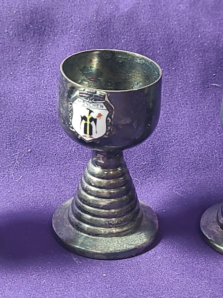 Set Of 4 German Vintage ini Silverplate Goblets Enamel Cities States Cordials