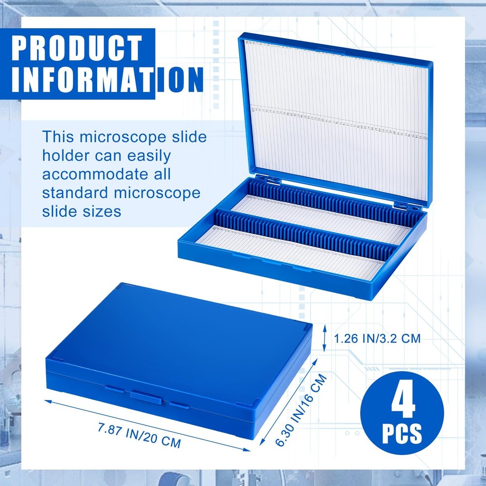 4 Pcs Microscope Slide Storage Box, 100 Place Plastic Holder for Blue
