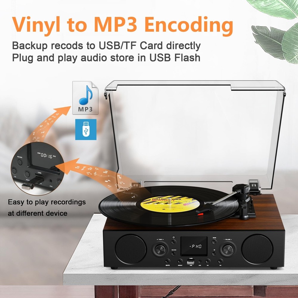 Vinyl Record Player with Built-in Speaker,Bluetooth Turntable with USB Record...