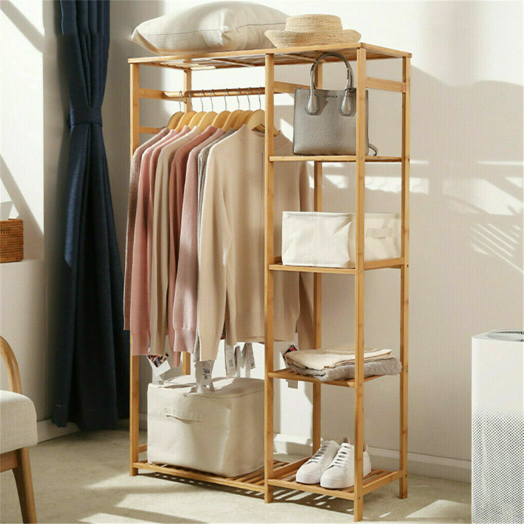 Freestanding Large Wood Clothing Garment Rack Shelf Clothes Hanging Rack Closet