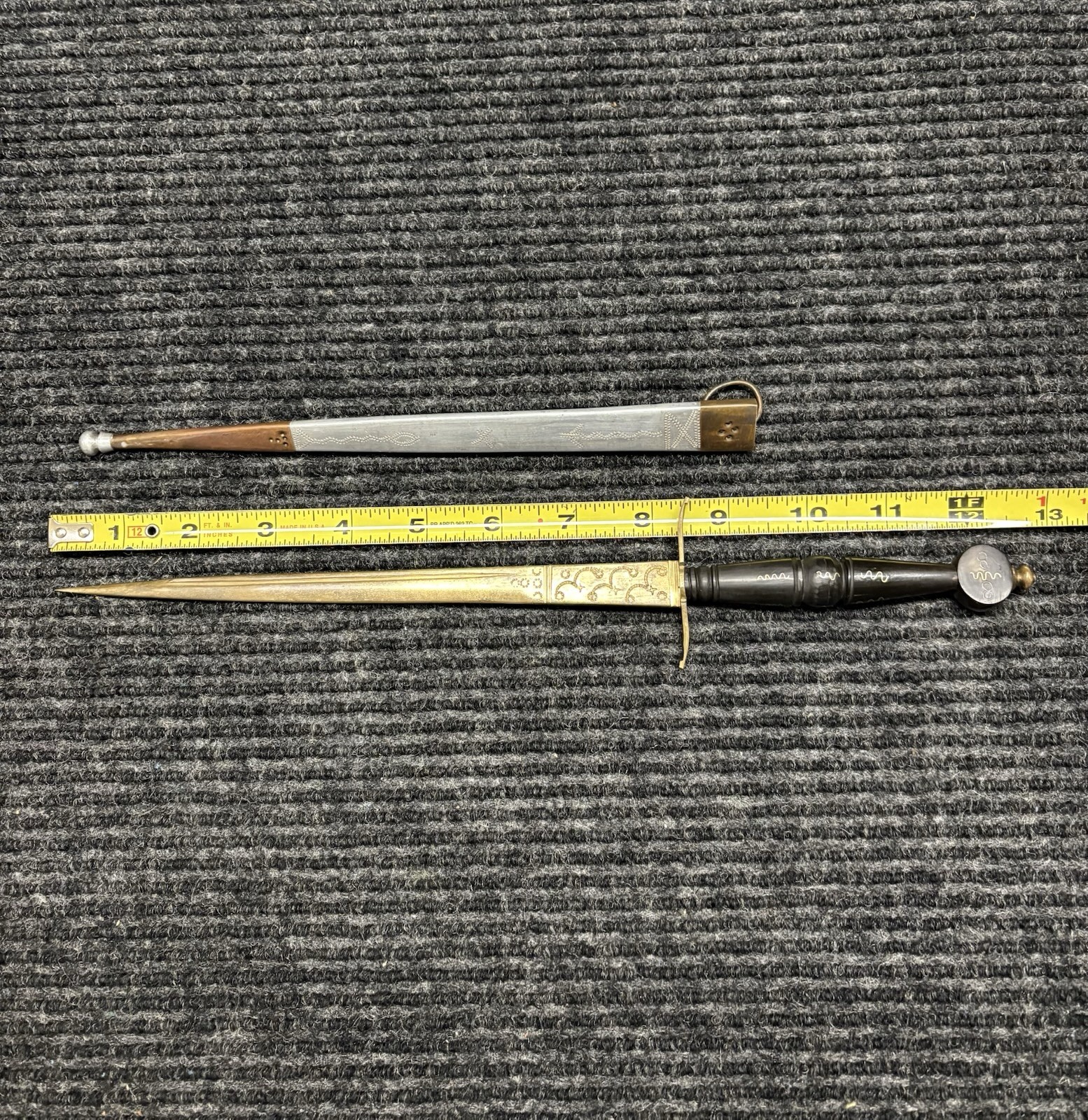 Vintage Luzon Philippine Dagger Engraved Brass Blade Scabbard Tourist Souvenir