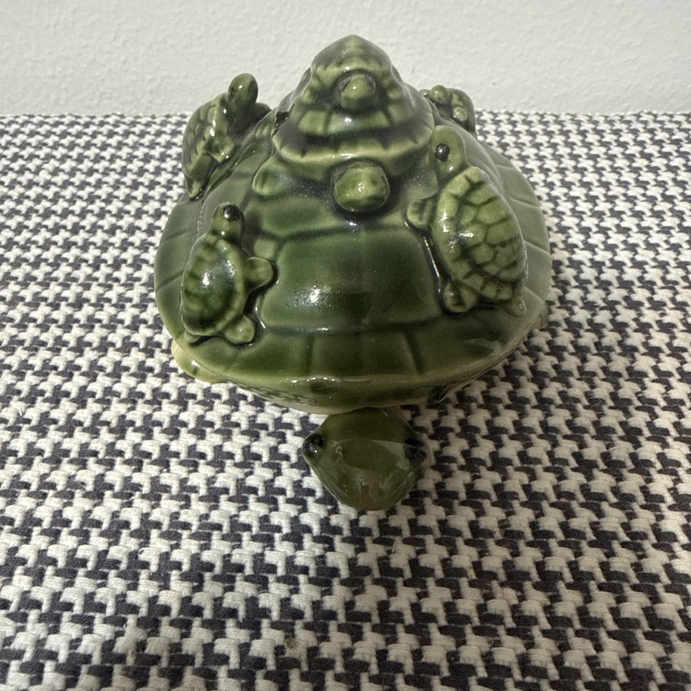 Vintage Ceramic Green Glazed Bobble Head Turtle 3” Long