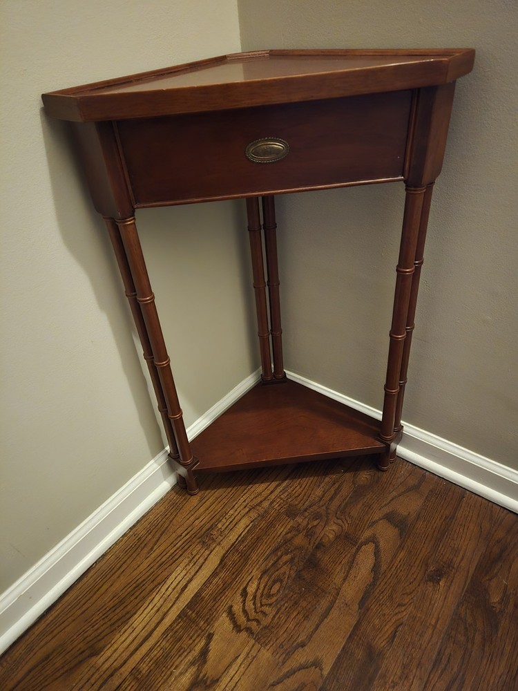 Antique Wood Triangular Corner Table with Drawer, Brown, Traditional Style