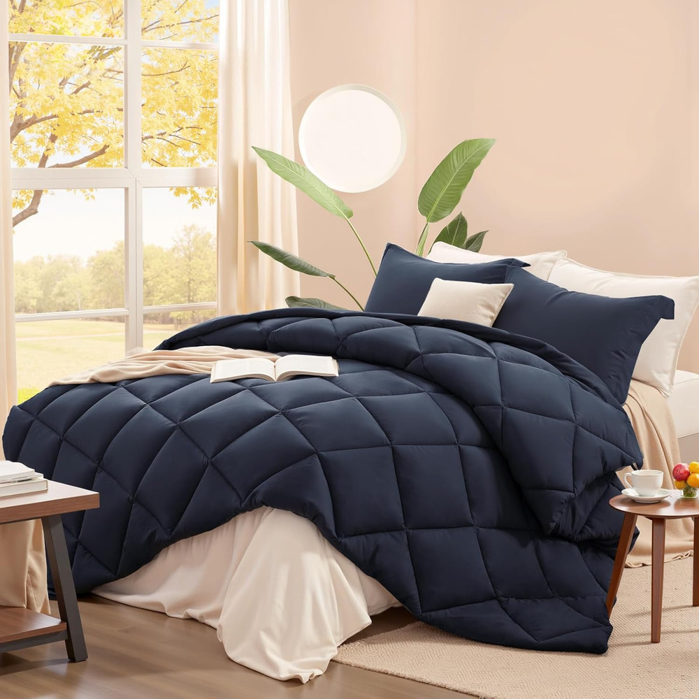 Queen Comforter Set Navy Blue, 3 Pieces Comforters Queen Size Solid Quilted Bedd