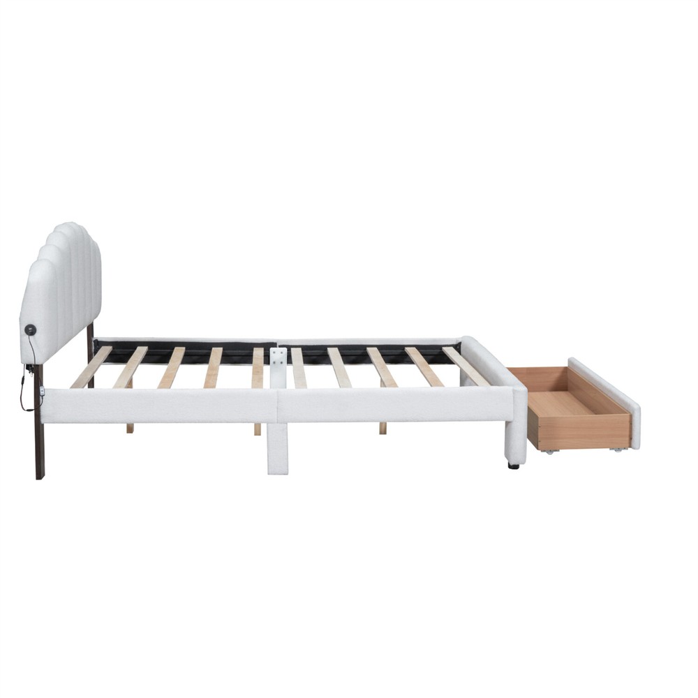 Queen Size Bed Frame Upholstered Platform Bed with Drawers White/Beige/Gray