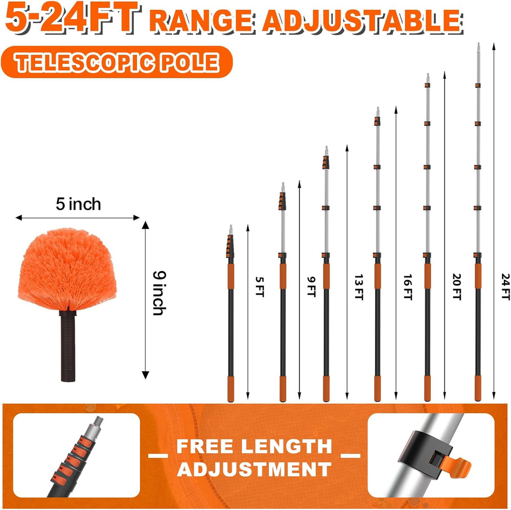 30FT Reach Cobweb Duster with Extension Pole, High Ceiling Long Duster with 5-24
