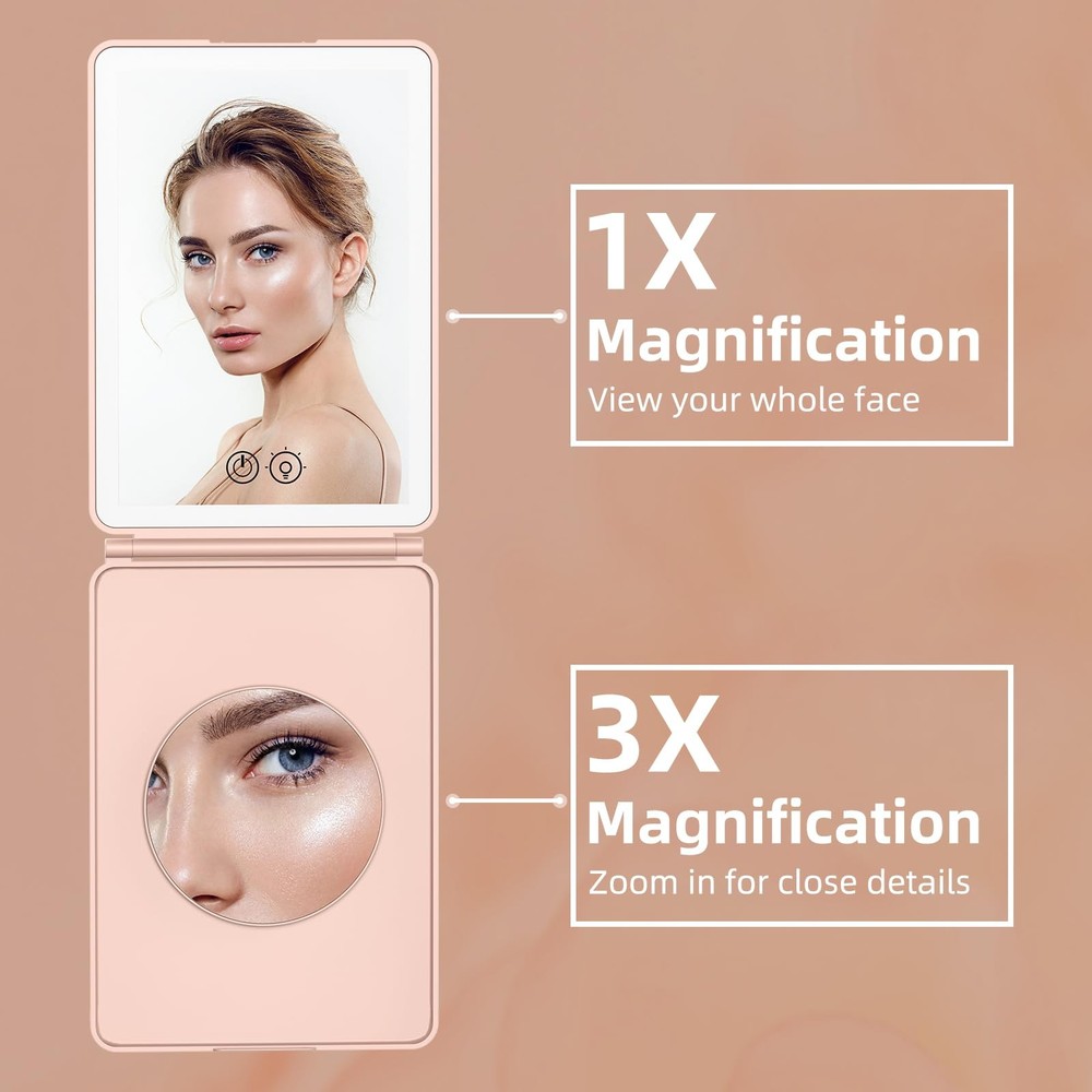 Foldable 1X/3X Magnifying Makeup Vanity Mirror Lights Dimmable Touch Pink