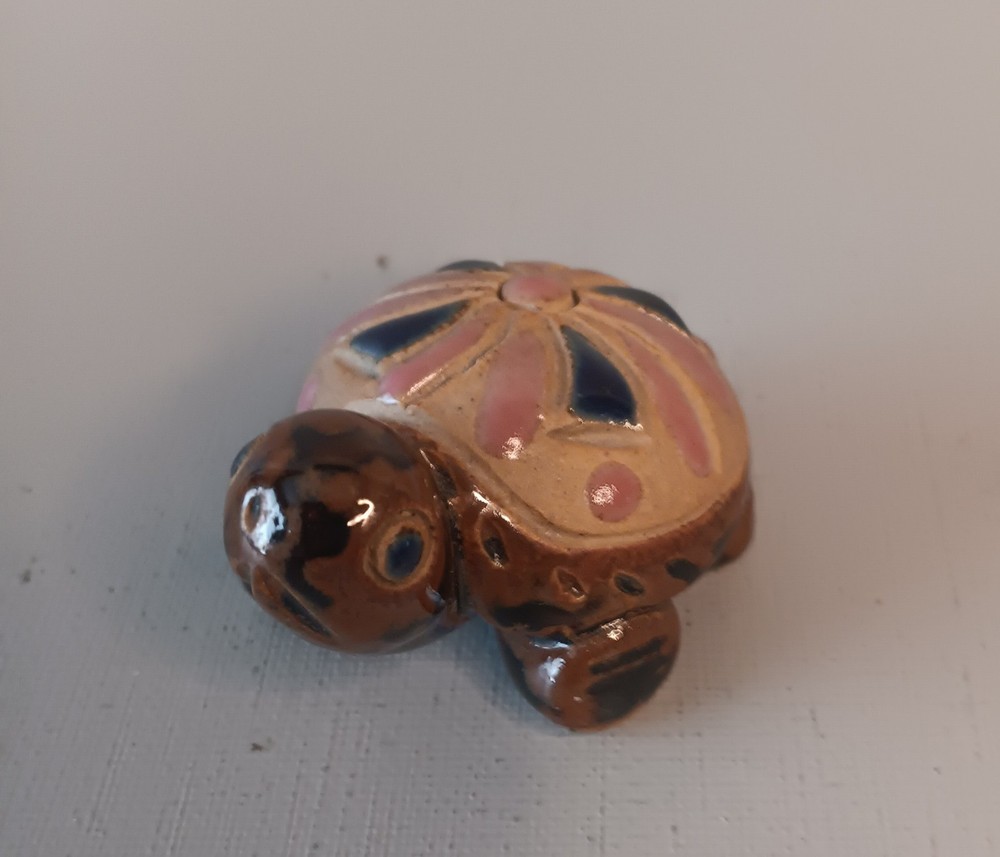Turtle Figurine Small Embellished Shell Ceramic Pottery Glazed