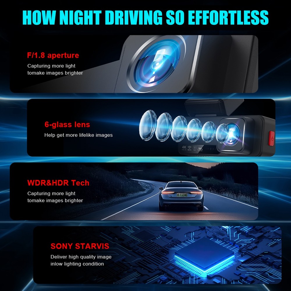 4K Dash Camera Front+Rear Dash Cam Built-In WiFi & GPS Night Vision,App Control