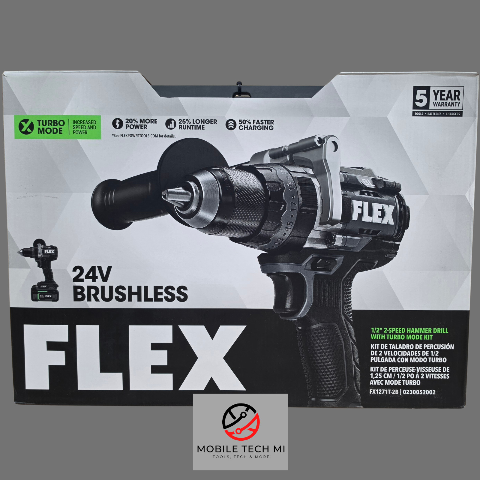 FLEX 24V 1/2" 2-Speed Hammer Drill w/ Turbo Mode Kit 2x Batteries FX1271T-2B