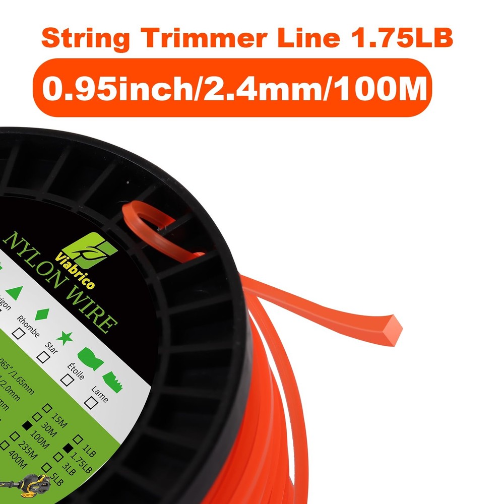 Viabrico String Trimmer Line, Square Orange Heavy Duty Weed Eater String, Premiu