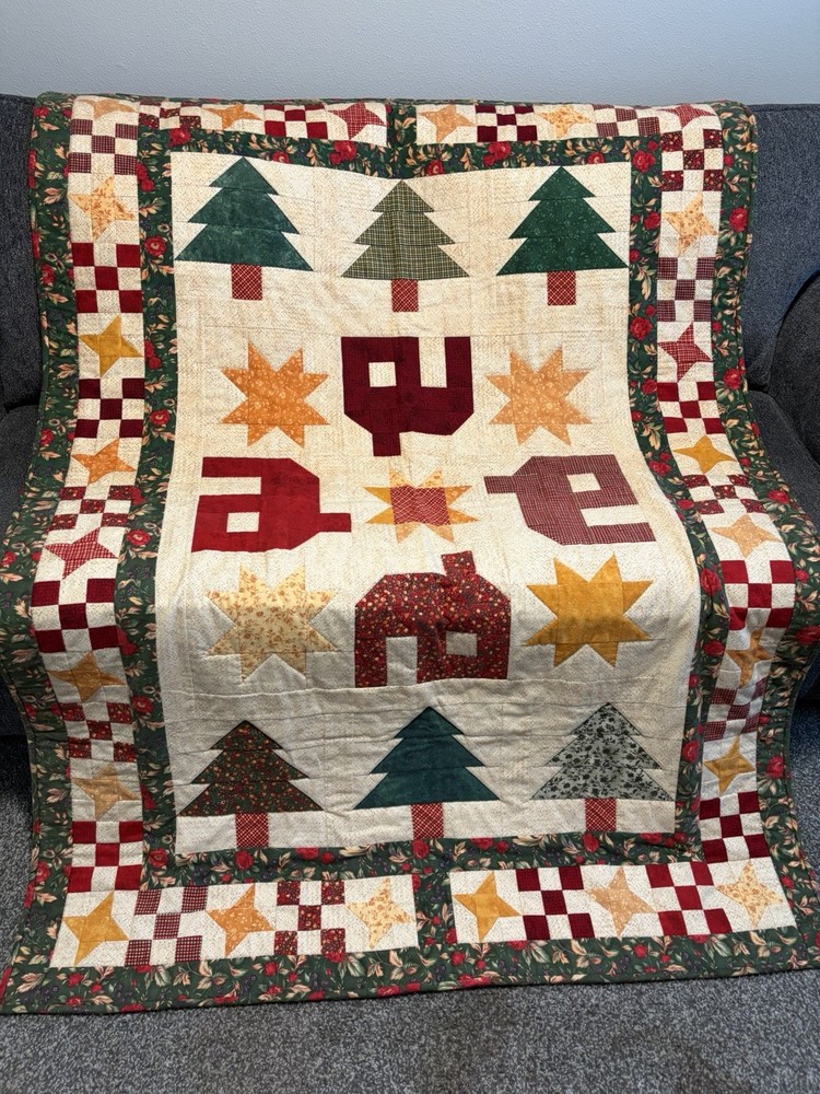 Handmade Christmas Patchwork Quilt Large Wall Hanging Throw 51"x 72" Primitive