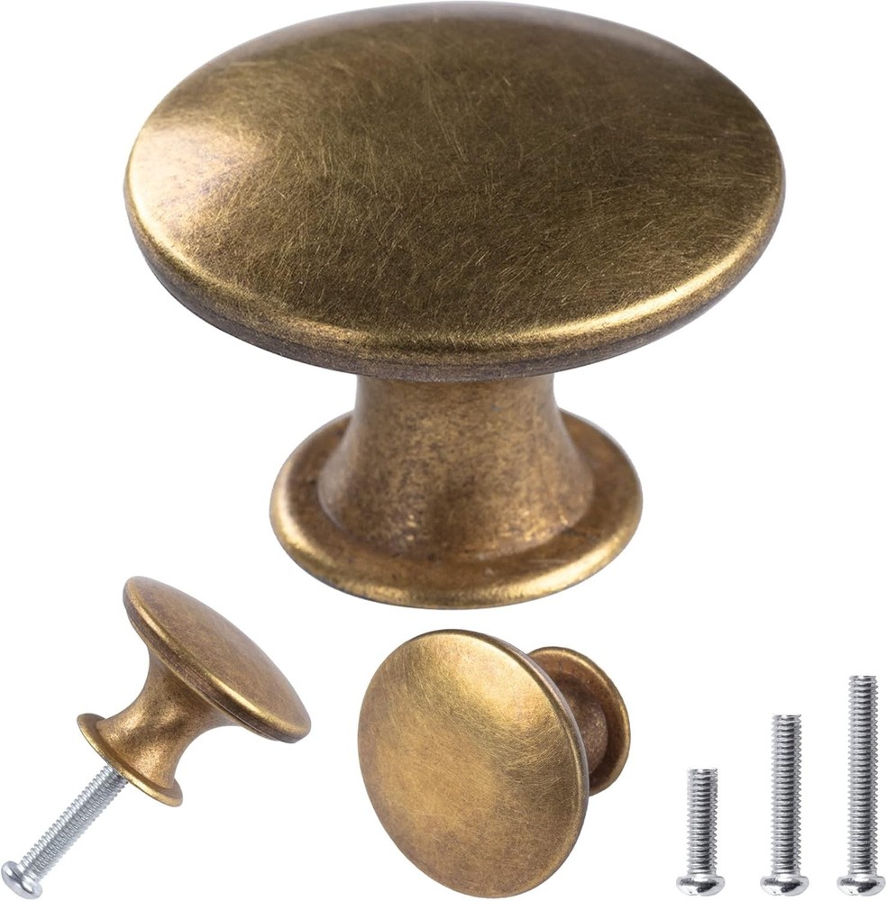 8 Pack Antique Brass Drawer Knobs Vintage Round Cabinet Pulls 1.18 Inch
