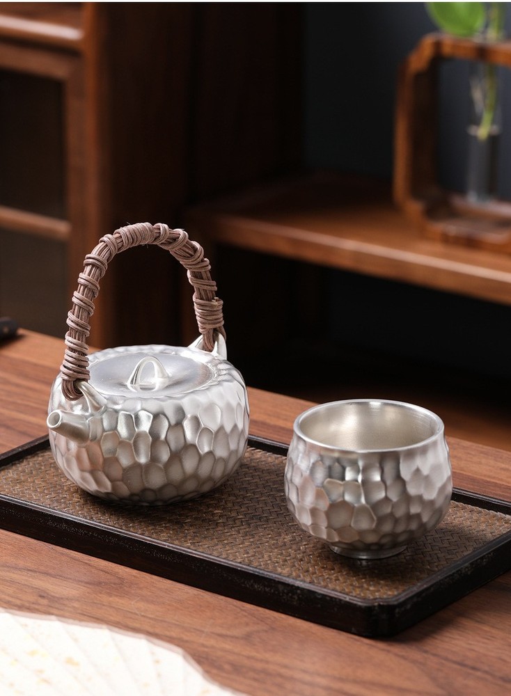 KungFu Tea Set 999 Sterling Silver Pot Cup Ceramic Hammer Pattern Portable Set