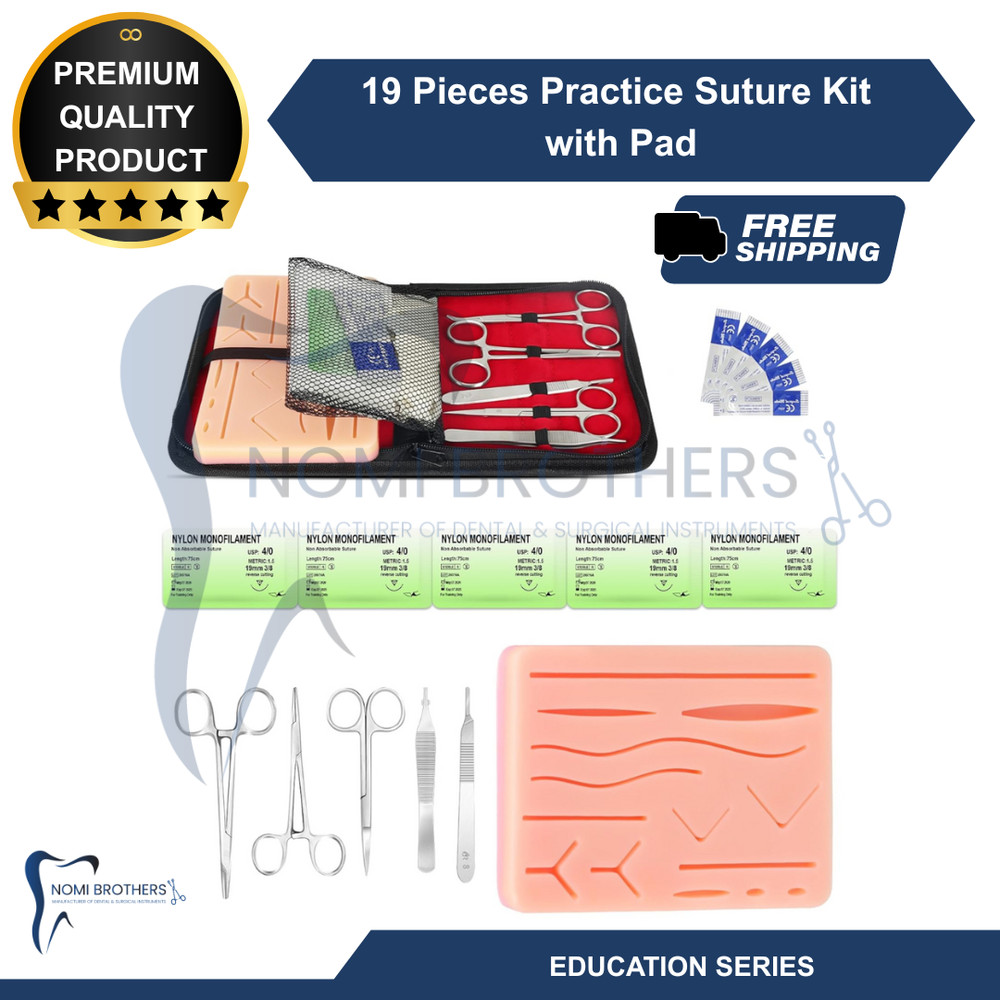 19 Pcs Suture Parctice Kit with Scissors Needles Thread Silicon Pad Training Kit