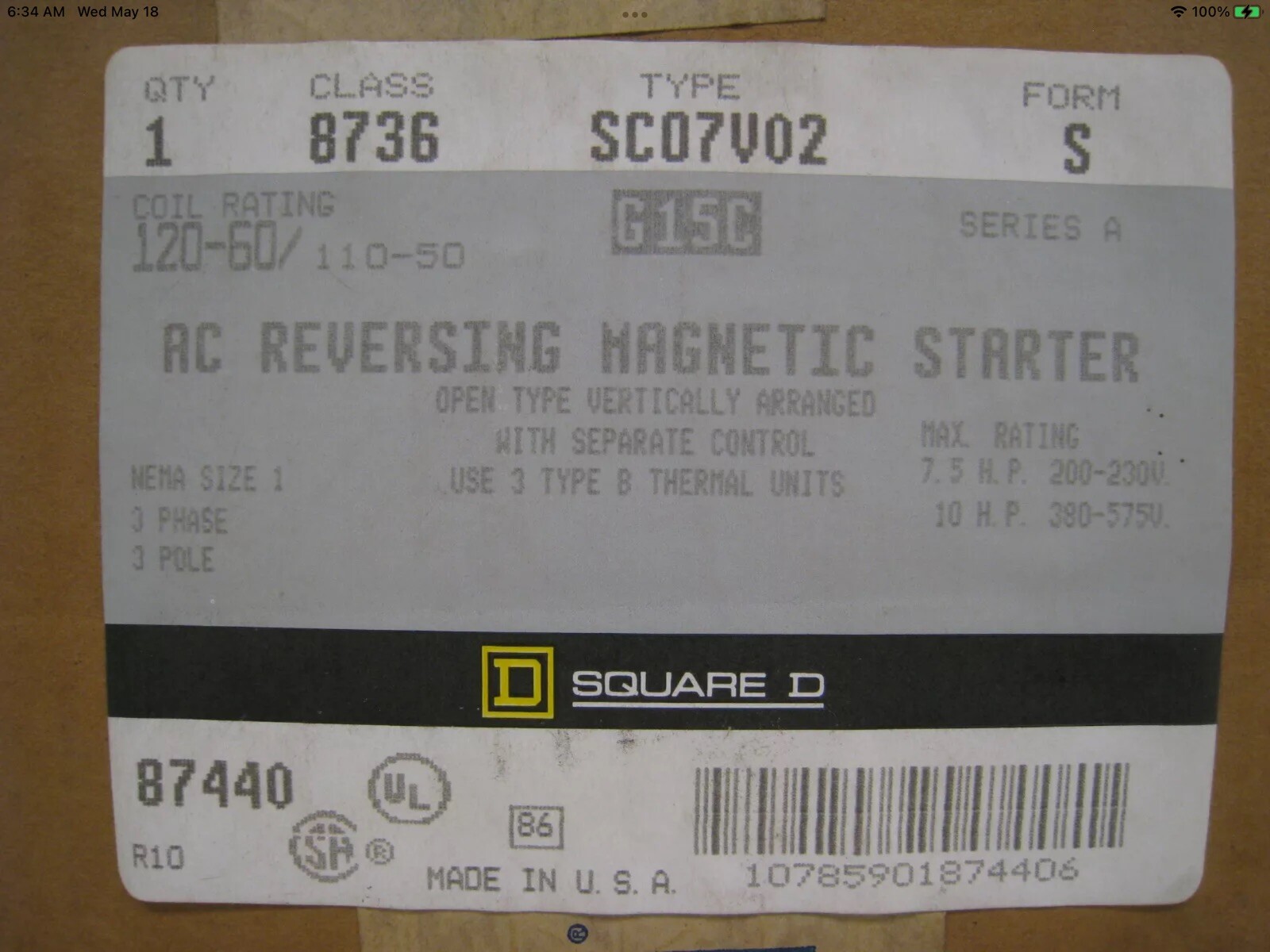 SQUARE D 8736SCO7V02 NEMA Size 1 3-Pole AC Reversing Magnetic Starter, NEW!