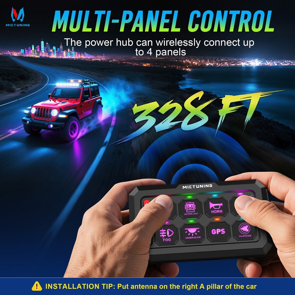 MICTUNING RGB 8 Gang Wireless Switch Panel, Circuit Control Relay System Box