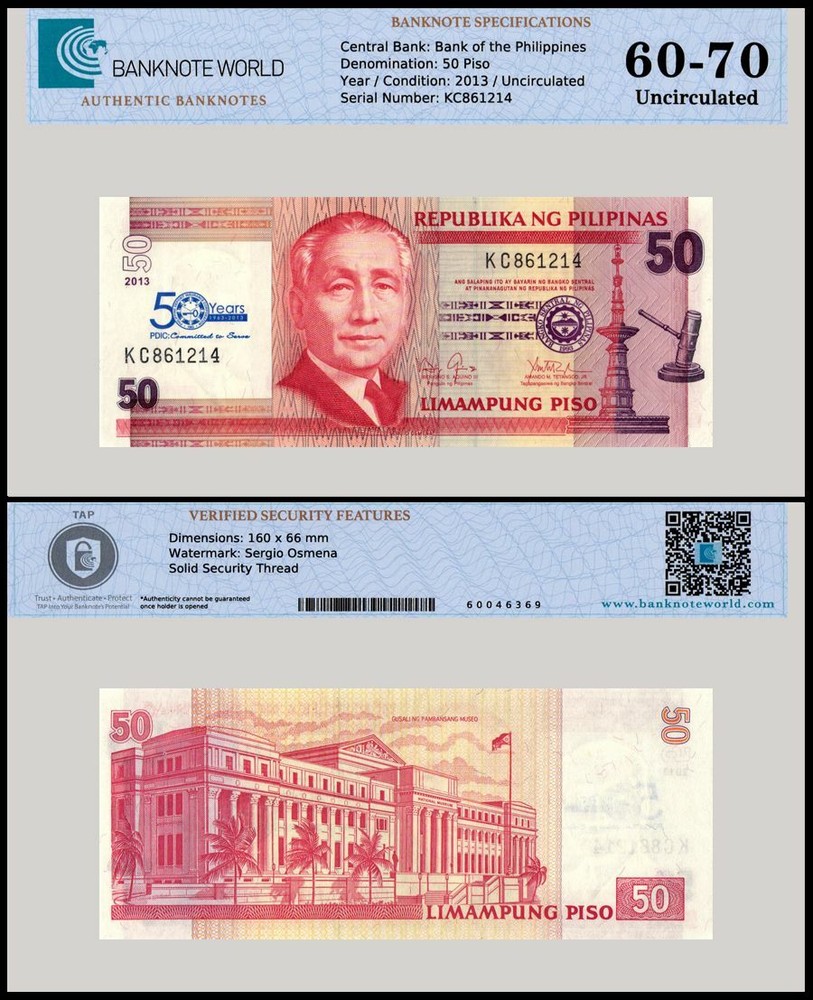 Philippines 50 Piso, 2013, P-217, UNC, Commemorative, Authenticated Banknote