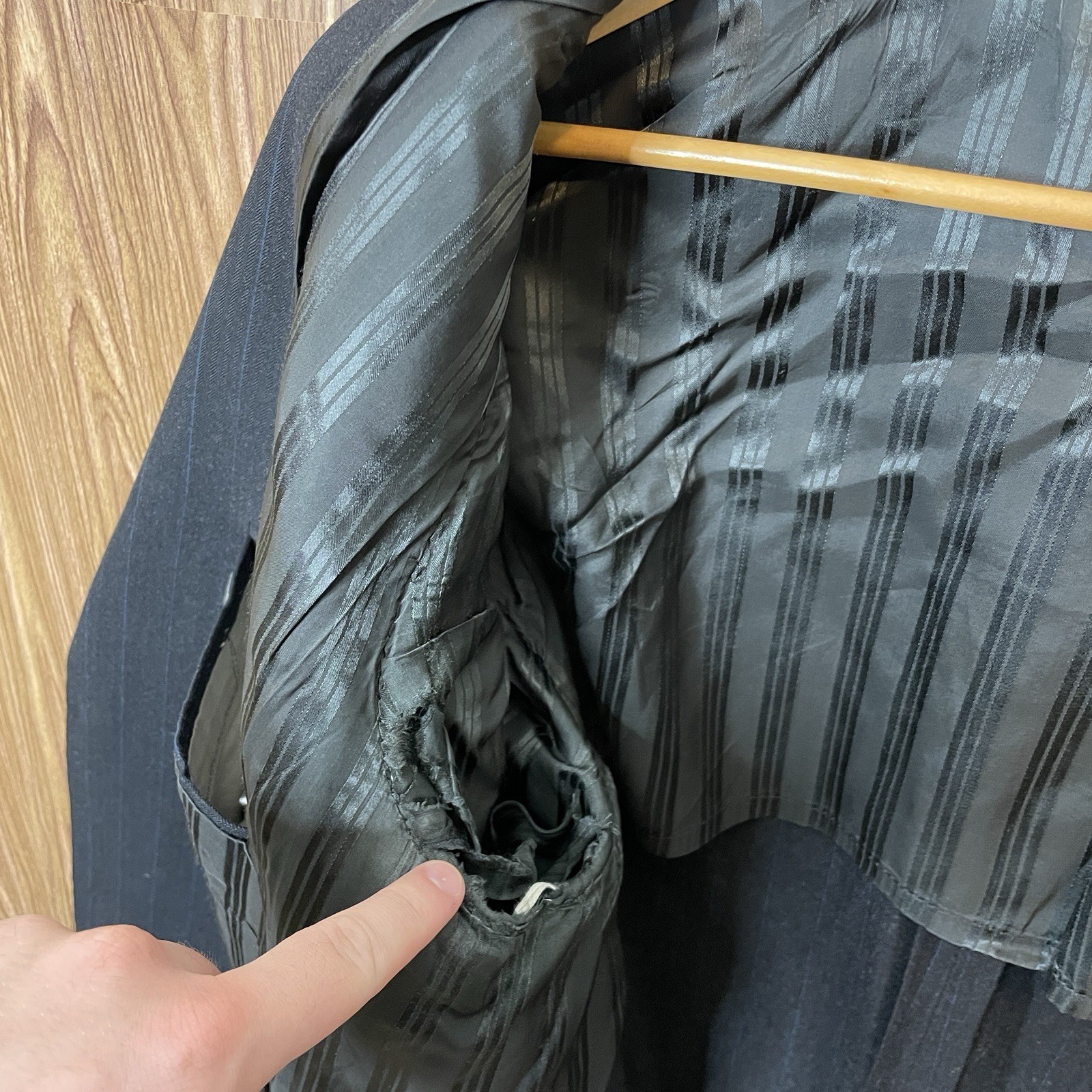 Paul Cicchini Bespoke 2 Piece Suit Mens 46XL 38x33 Black Blue Striped Wool USA