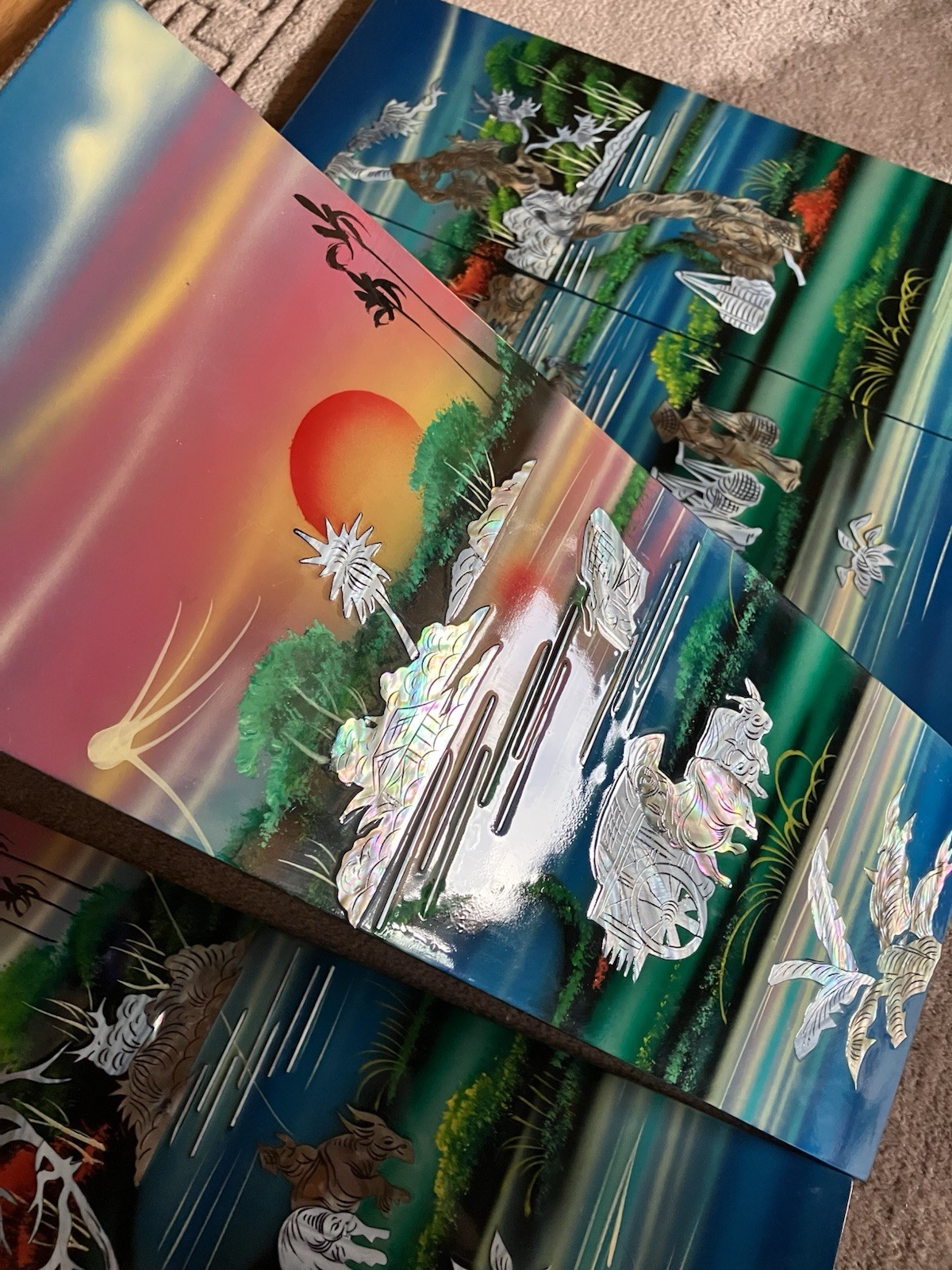 4-panel Handcrafted Vietnamese Lacquer And Mother Of Pearl Inlay Wall Art: 19X30