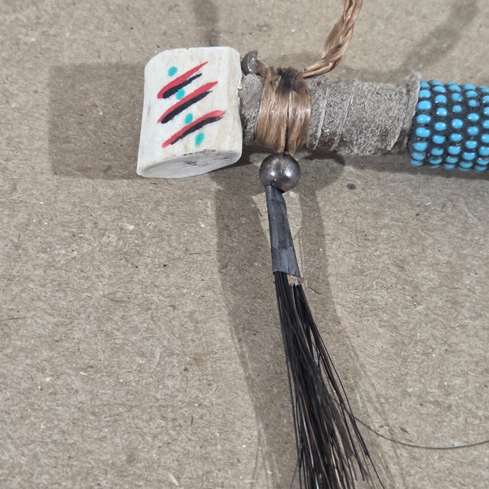 Authentic Navajo Peace Pipe 6" Handcrafted Faux Turquois Beads leather wood stag