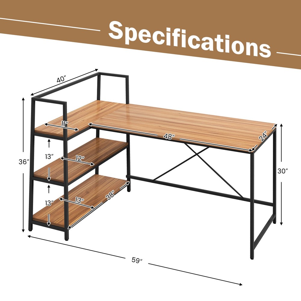 Reversible L Shaped Computer Desk Corner Workstation w/3-Tier Open Shelf Walnut