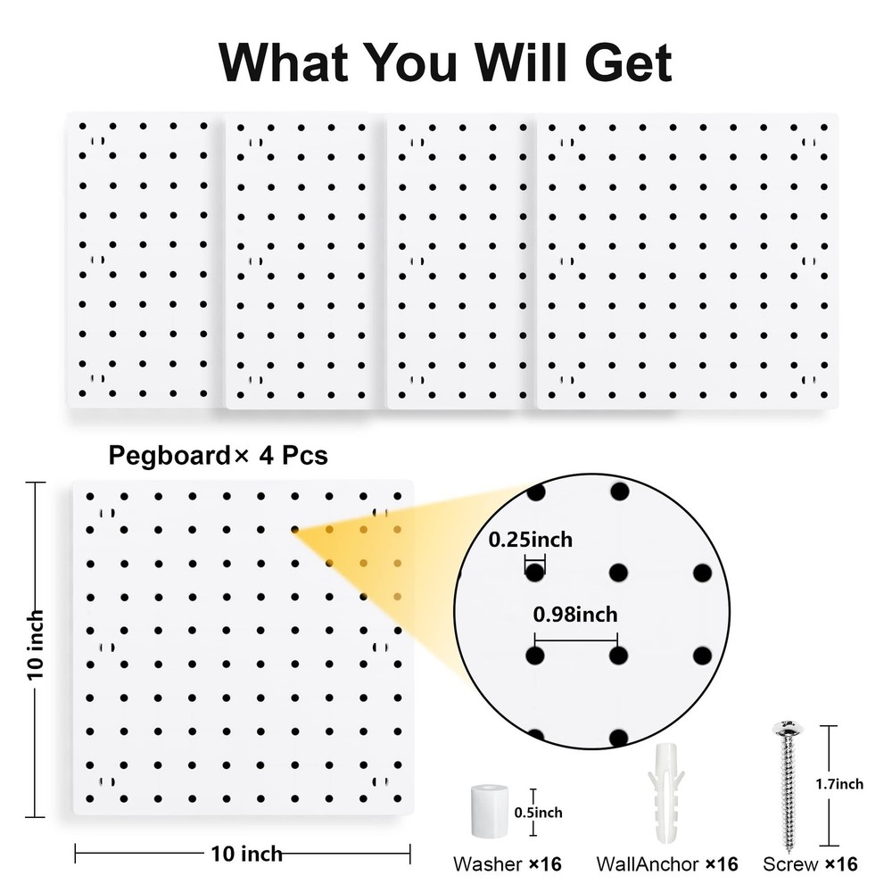4Pcs Peg Board Panels, White ABS Pegboard Wall Mount, Easy Installation for C...