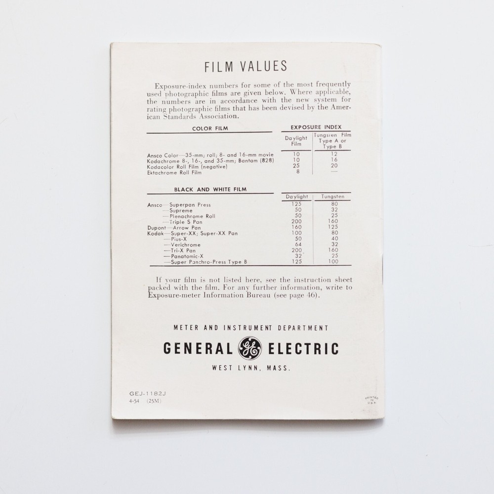 GE Exposure Meter Type PR-1 Manual Instructions Booklet