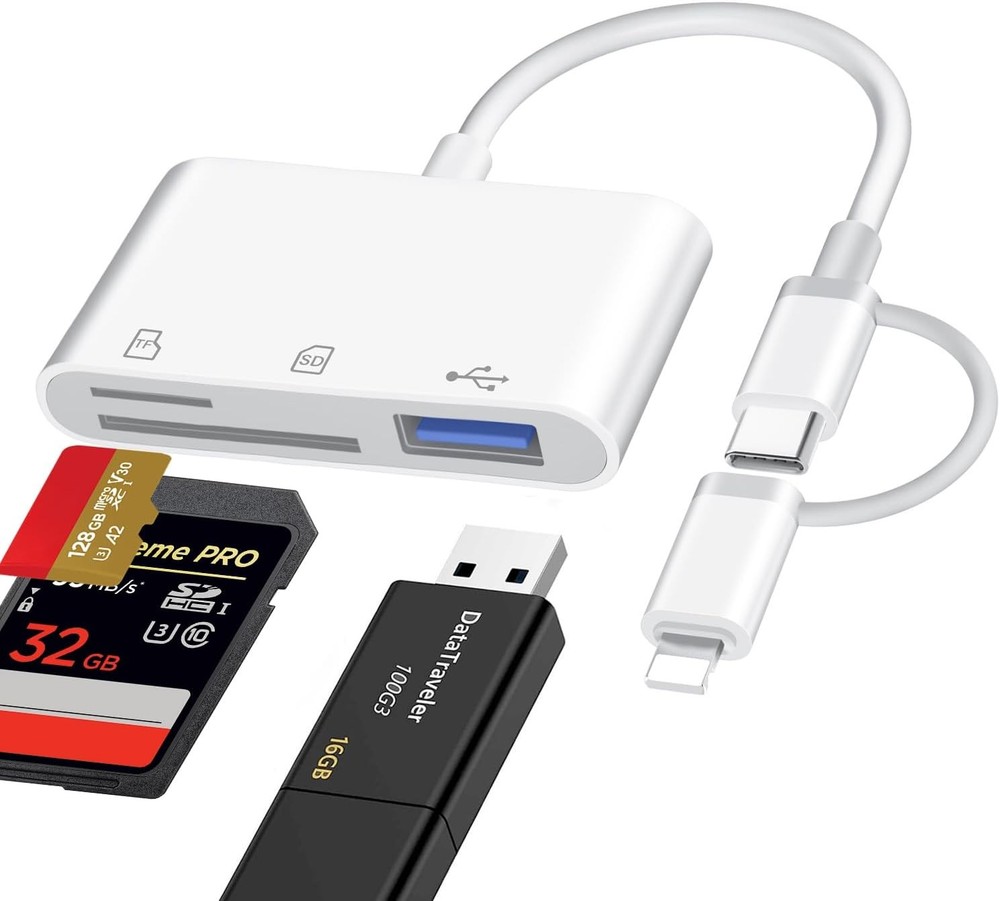 SD Card Reader for iPhone iPad Mac, One built-in cord (Lightening&USB-C)