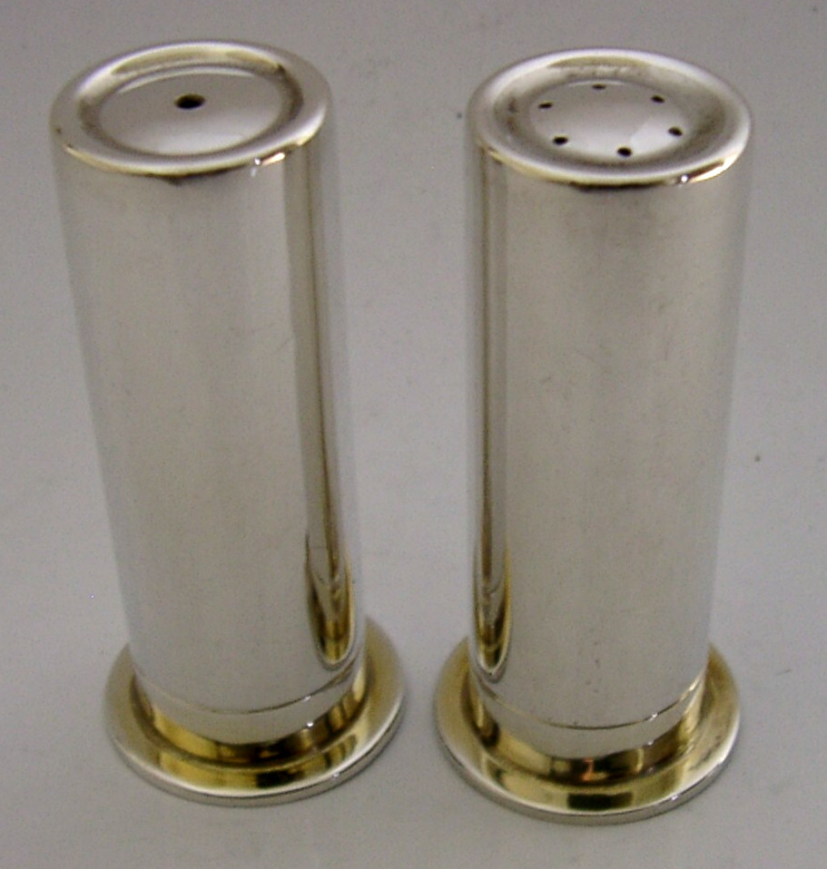 BOXED STERLING SILVER SHOOTING GUN CARTRIDGE SALT PEPPER POTS 2000 CRUET ENGLISH
