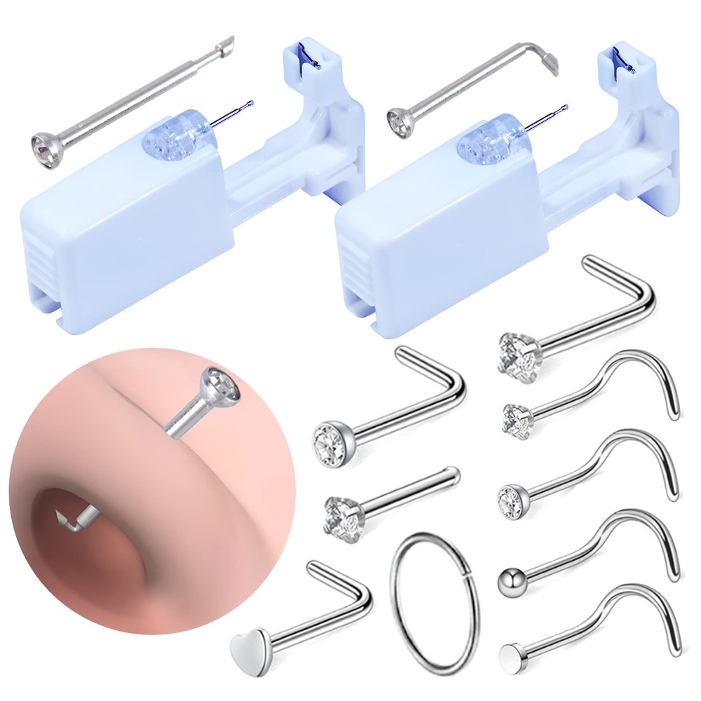 Firstomato 2 PCS Disposable Nose Piercing Gun Self Kit Silver