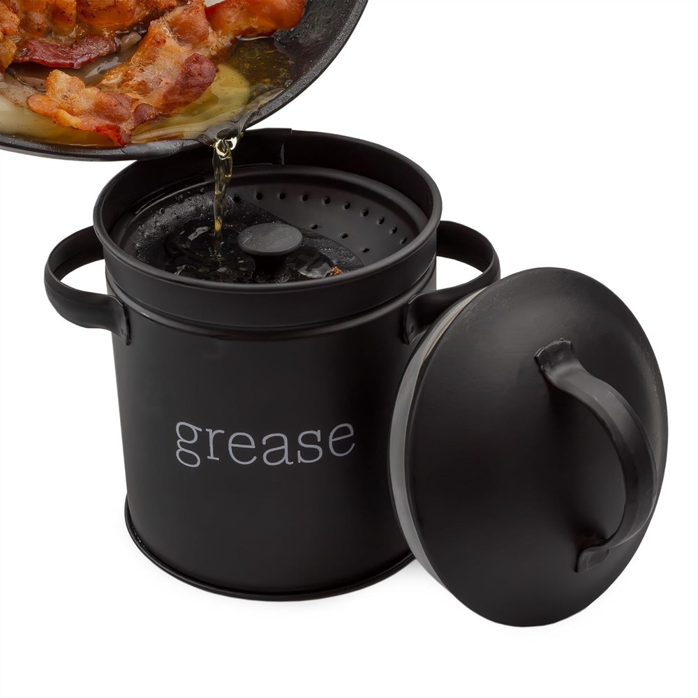 Practical Black Enamel Grease Container w/Strainer - Essential Kitchen Accessory