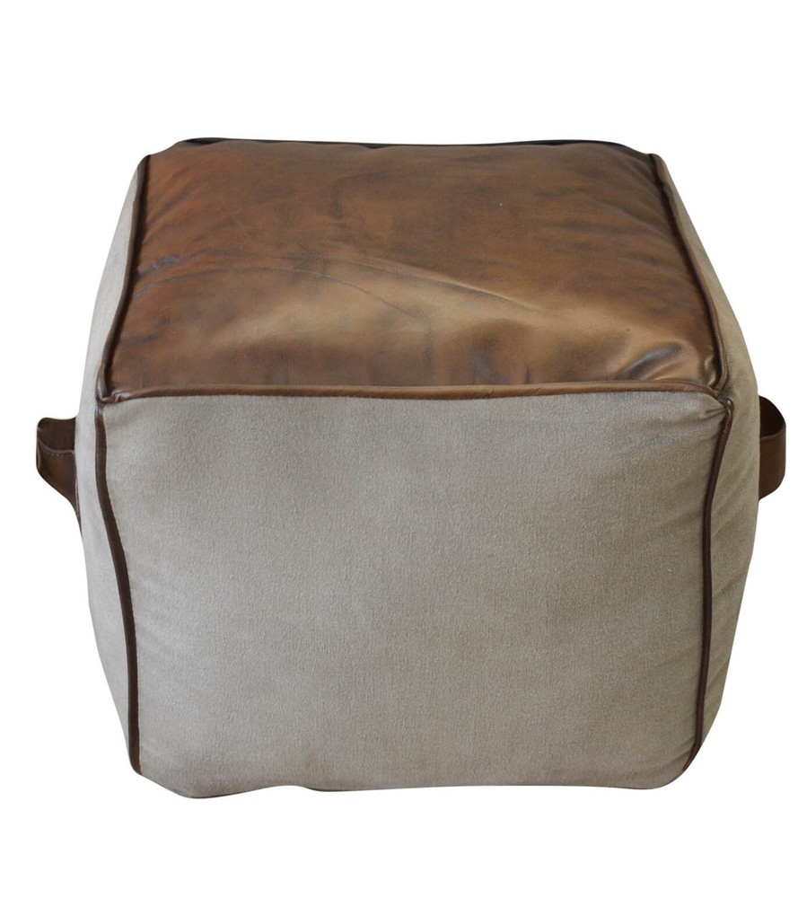 Rectangular Canvas Leather Pouf NARA with Leather Accents