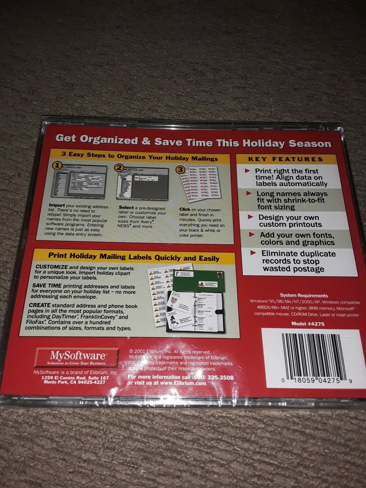 My Holiday Mailing Labels Software CD New Sealed Mysoftware 2001