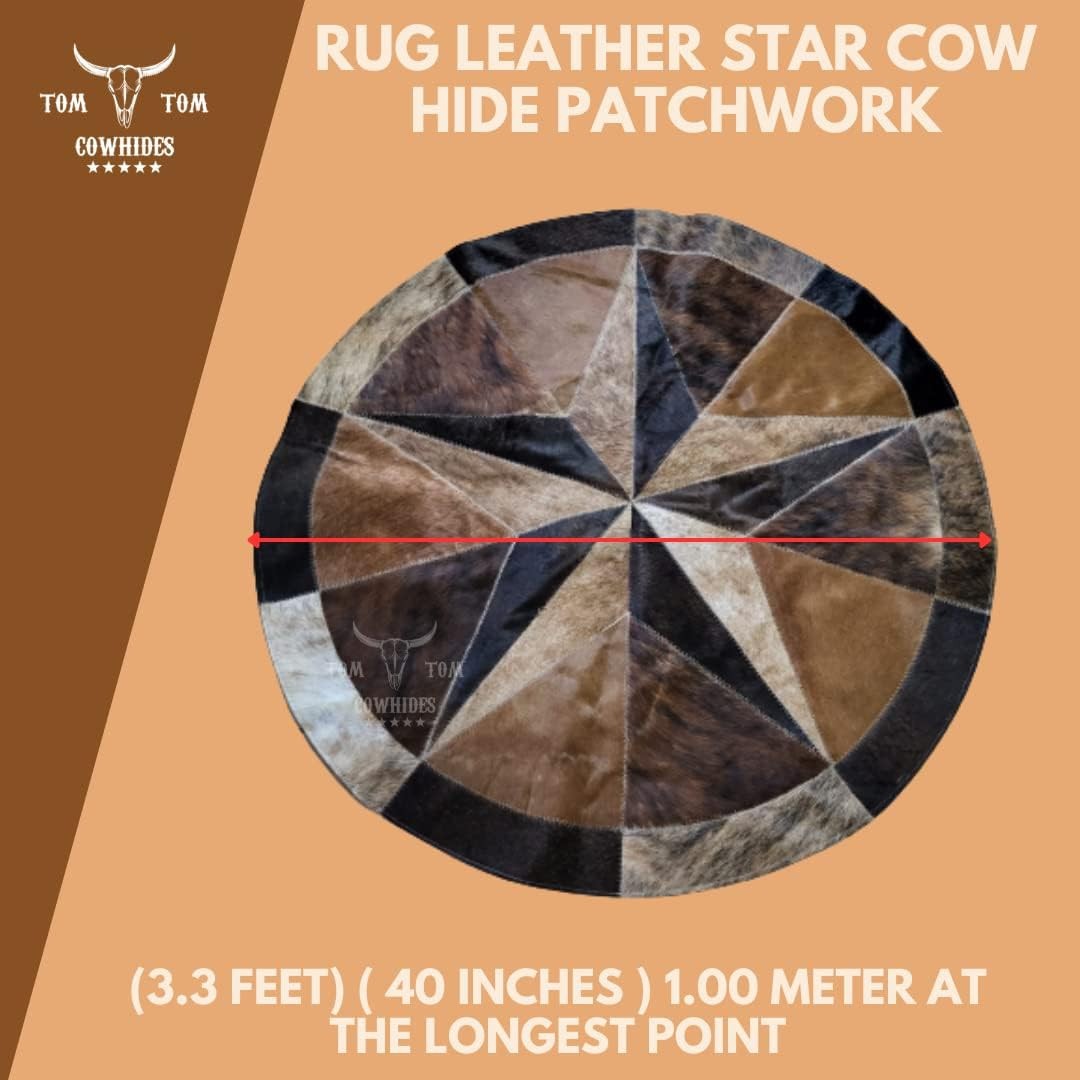 Cowhides Rug Leather Star Cow Hide Patchwork Area Round Carpet 40, Brown
