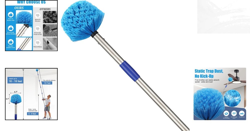 Extendable 10 FT Soft Bristle Cobweb Duster for Easy Indoor & Outdoor Cleaning