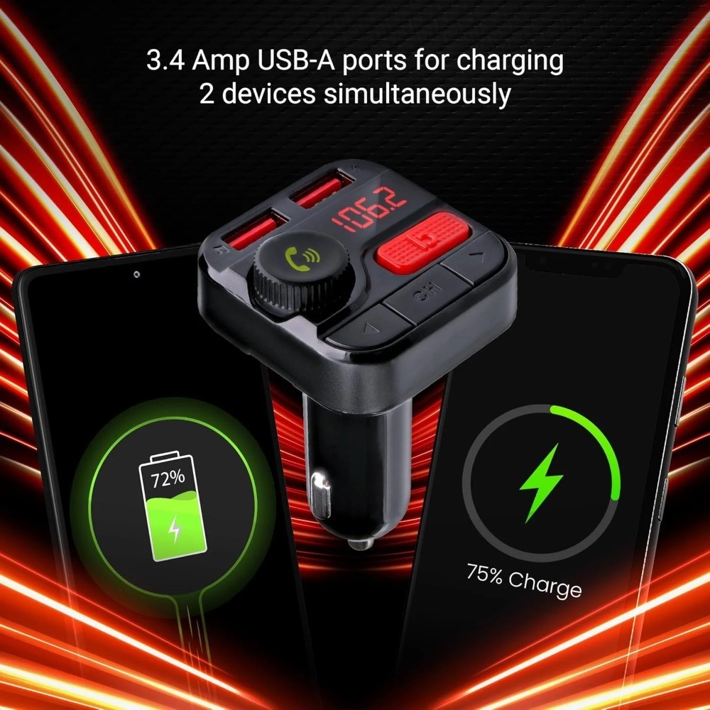 Bluetooth FM Transmitter Car Charger with 2 USB Ports 3.4A Fast Charging MP3